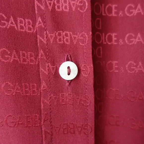 Vintage 90s Dolce & Gabbana Shirt Womens 44 Red Silk Logo Print Button Up Blouse